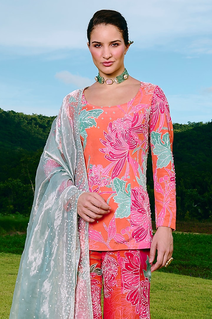 Orange Crepe & Organza Flared Wedding Sharara Set by Charu & Vasundhara at Pernia's Pop Up Shop
