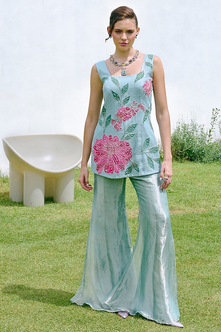 Aqua Blue Tissue Wedding Sharara Set by Charu & Vasundhara at Pernia's Pop Up Shop