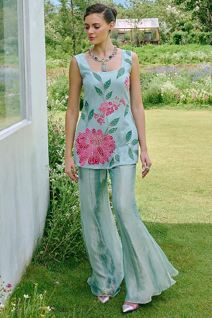 Aqua Blue Tissue Wedding Sharara Set by Charu & Vasundhara at Pernia's Pop Up Shop