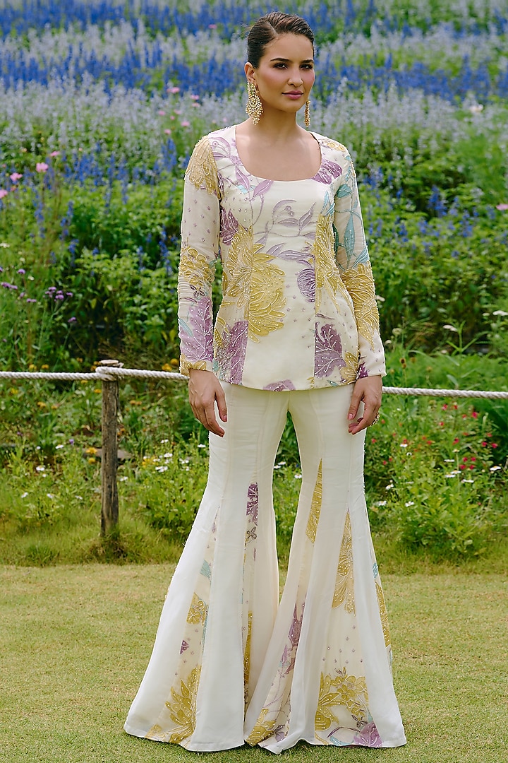 Ivory Organza & Taffeta Kali Wedding Sharara Set by Charu & Vasundhara at Pernia's Pop Up Shop