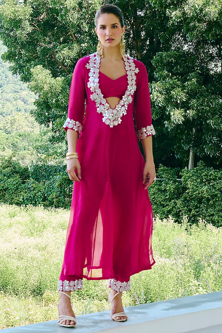 Fuchsia Organza & Cupro Silk Mirror Work Kurta Set by Charu & Vasundhara at Pernia's Pop Up Shop