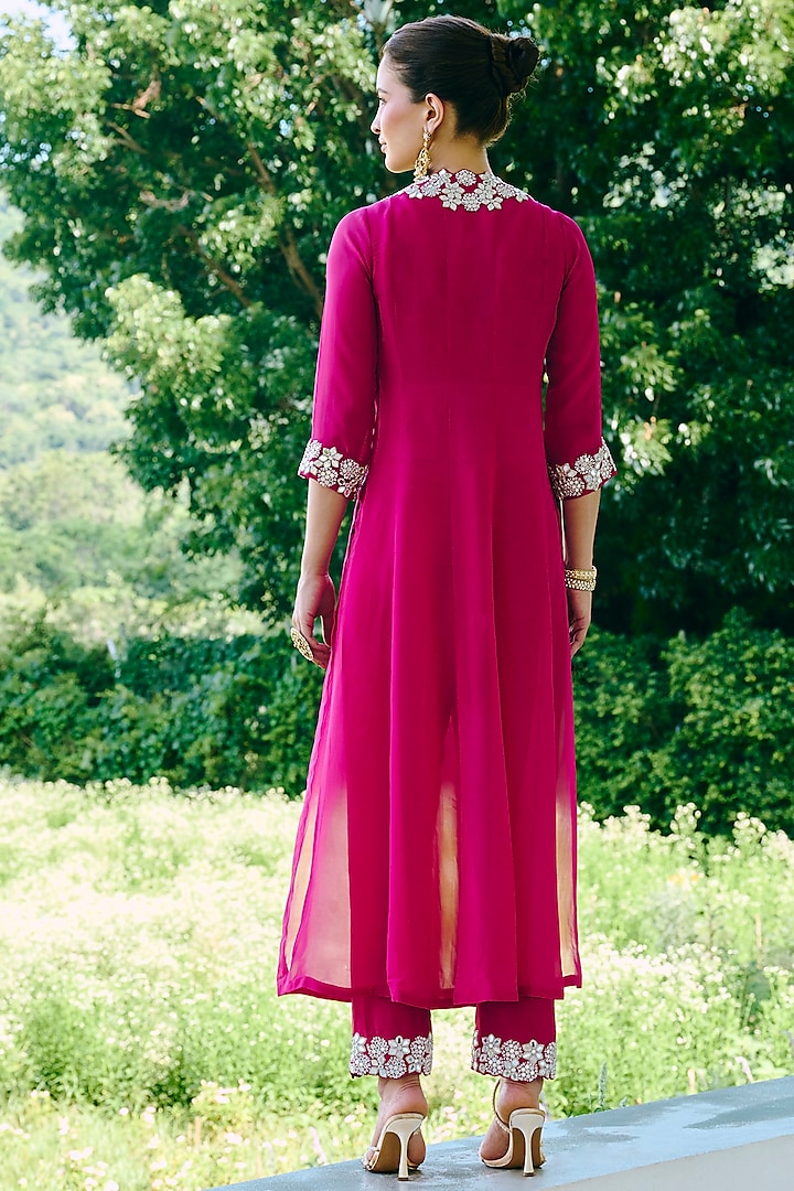 Fuchsia Organza & Cupro Silk Mirror Work Kurta Set by Charu & Vasundhara at Pernia's Pop Up Shop
