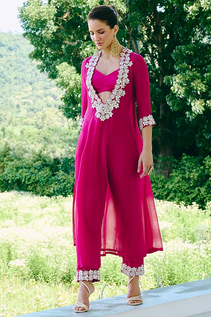 Fuchsia Organza & Cupro Silk Mirror Work Kurta Set by Charu & Vasundhara at Pernia's Pop Up Shop