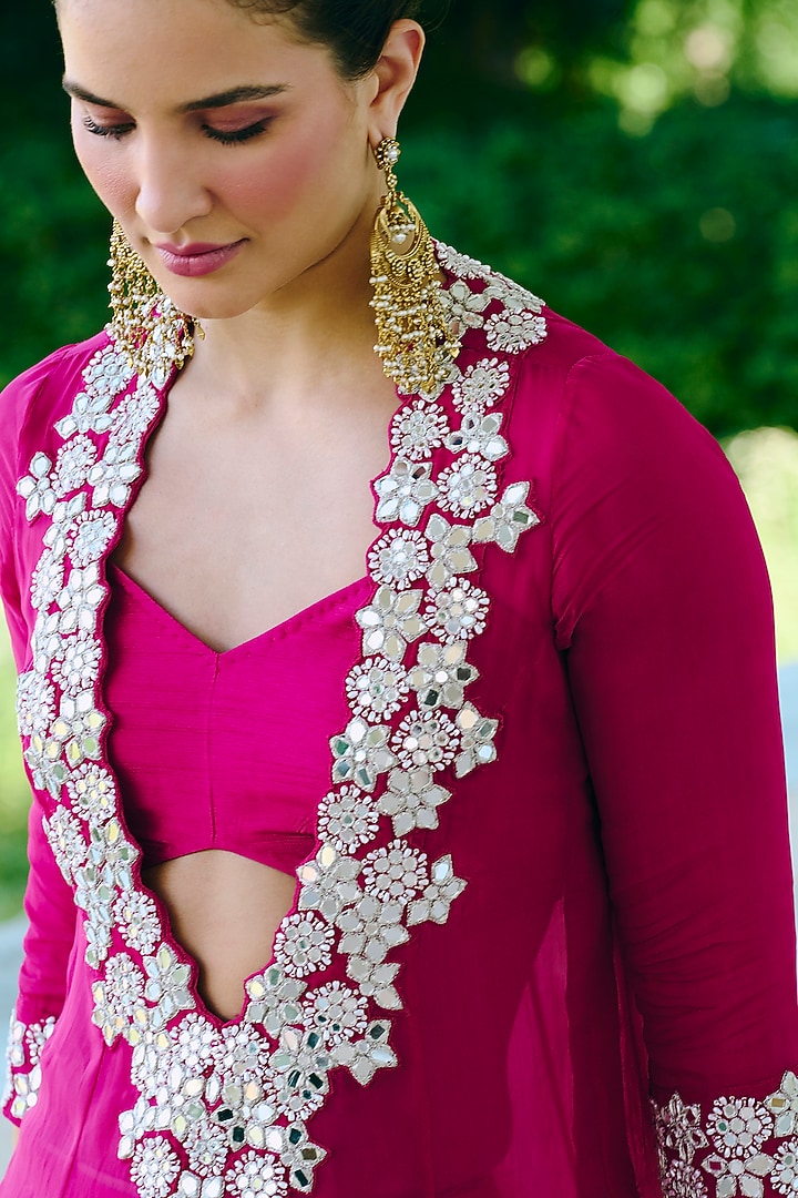 Fuchsia Organza & Cupro Silk Mirror Work Kurta Set by Charu & Vasundhara at Pernia's Pop Up Shop