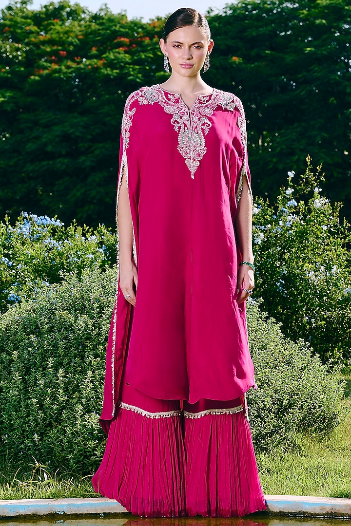 Fuchsia Organza & Taffeta Crushed Wedding Sharara Set by Charu & Vasundhara at Pernia's Pop Up Shop