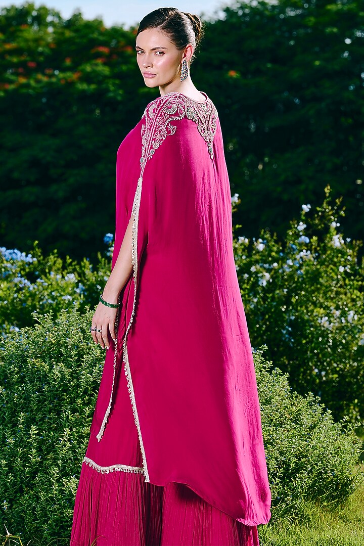 Fuchsia Organza & Taffeta Crushed Wedding Sharara Set by Charu & Vasundhara at Pernia's Pop Up Shop