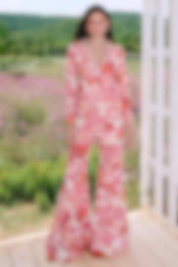 Ivory Crepe Embroidered & Floral Printed Overlap Blazer Set by Charu & Vasundhara at Pernia's Pop Up Shop