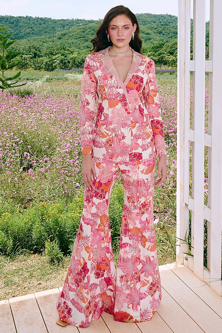 Ivory Crepe Embroidered & Floral Printed Overlap Blazer Set by Charu & Vasundhara at Pernia's Pop Up Shop