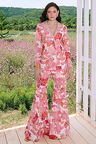 Ivory Crepe Embroidered & Floral Printed Overlap Blazer Set by Charu & Vasundhara