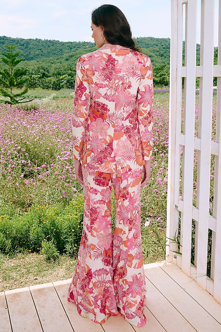 Ivory Crepe Embroidered & Floral Printed Overlap Blazer Set by Charu & Vasundhara at Pernia's Pop Up Shop