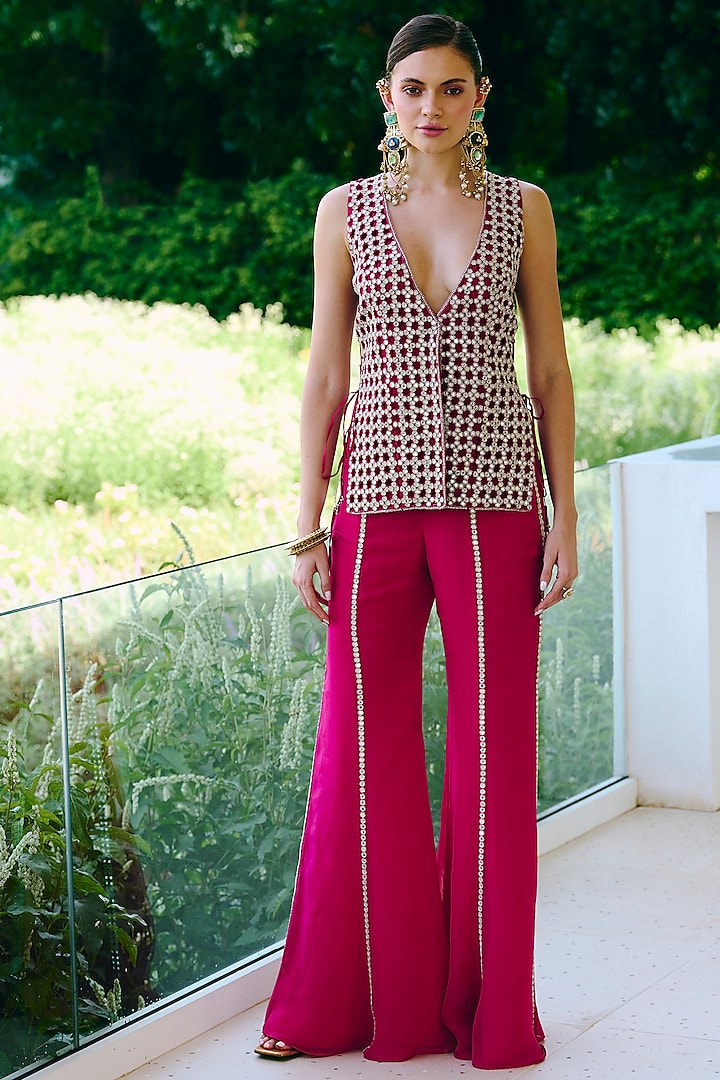 Fuchsia Silk & Net Mirror Embroidered Jacket Set by Charu & Vasundhara at Pernia's Pop Up Shop