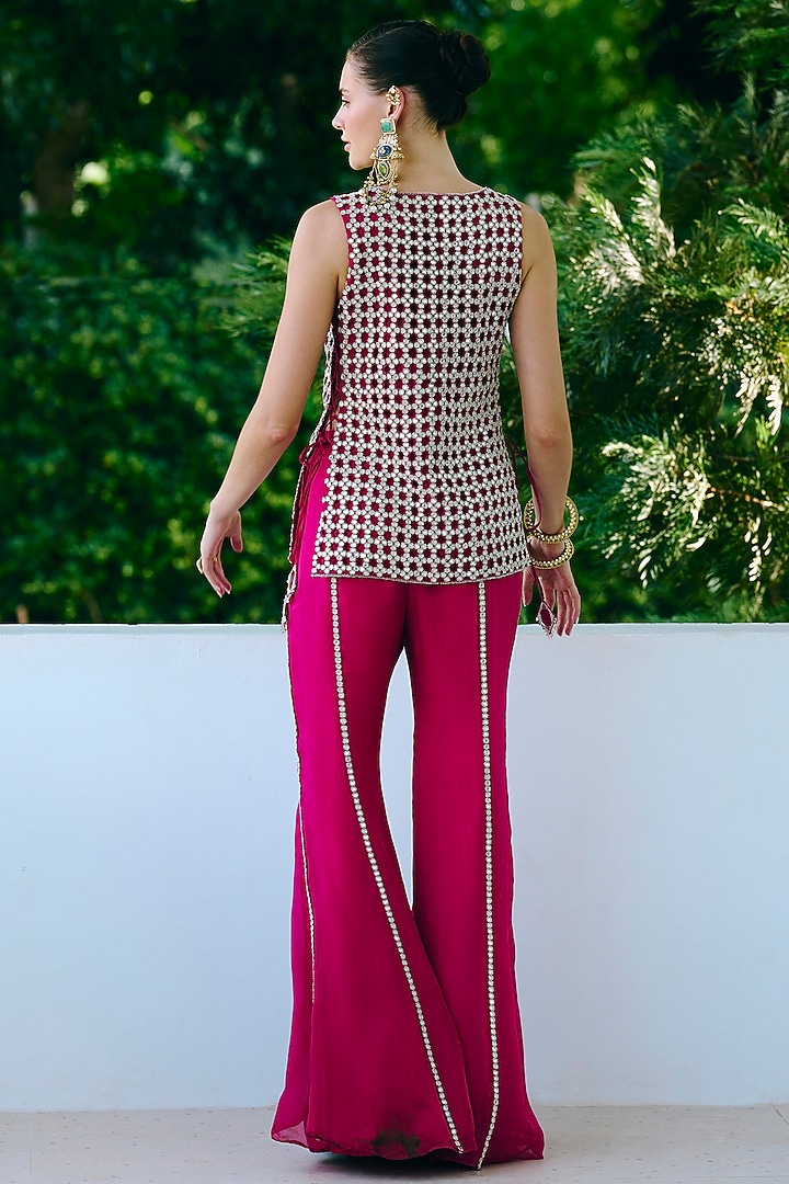 Fuchsia Silk & Net Mirror Embroidered Jacket Set by Charu & Vasundhara at Pernia's Pop Up Shop
