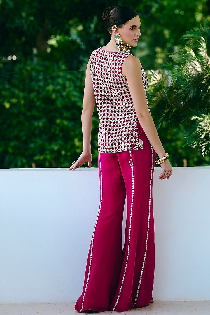 Fuchsia Silk & Net Mirror Embroidered Jacket Set by Charu & Vasundhara at Pernia's Pop Up Shop