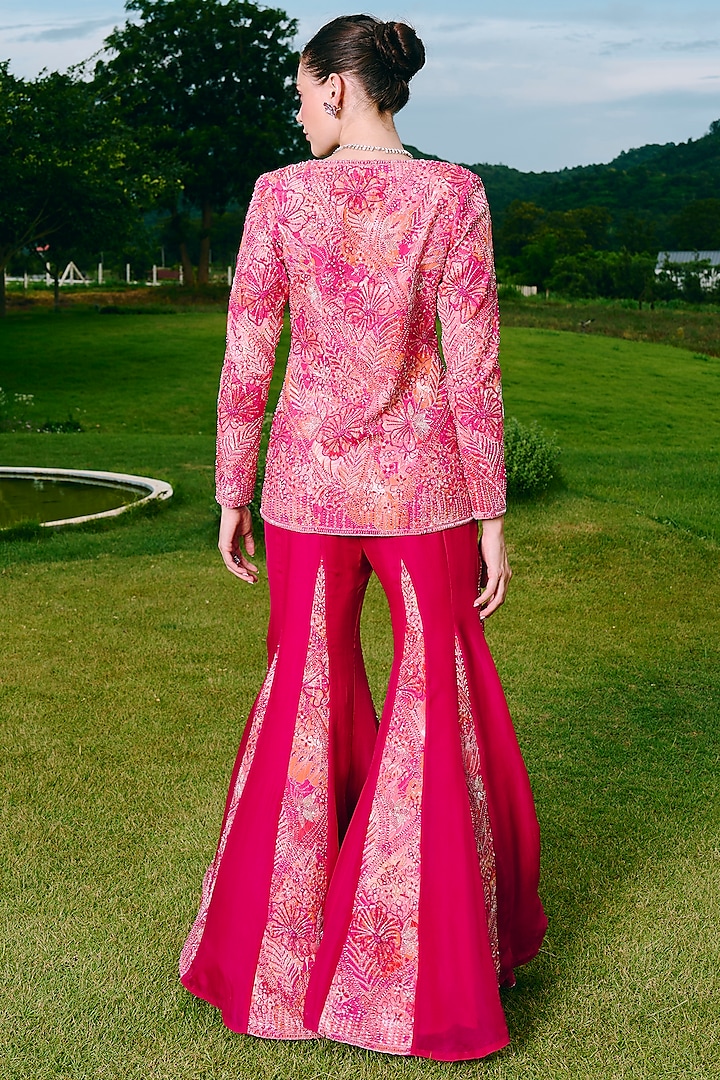 Fuchsia Organza & Crepe Embroidered Wedding Sharara Set by Charu & Vasundhara at Pernia's Pop Up Shop