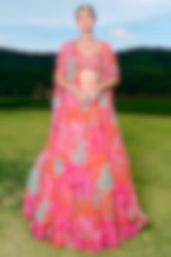 Orange Organza Floral Printed & Embroidered Cape Set by Charu & Vasundhara at Pernia's Pop Up Shop