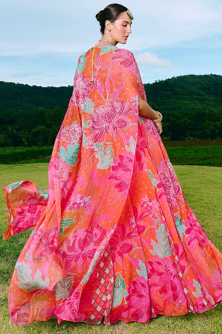 Orange Organza Floral Printed & Embroidered Cape Set by Charu & Vasundhara at Pernia's Pop Up Shop
