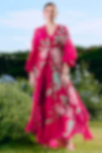 Fuchsia Organza Floral Printed & Embroidered Jacket Set by Charu & Vasundhara at Pernia's Pop Up Shop