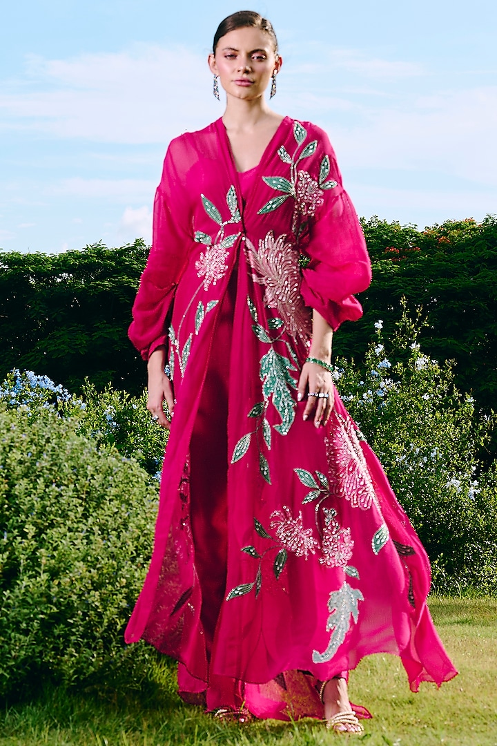 Fuchsia Organza Floral Printed & Embroidered Jacket Set by Charu & Vasundhara at Pernia's Pop Up Shop
