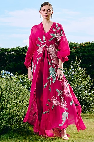 Fuchsia Organza Floral Printed & Embroidered Jacket Set by Charu & Vasundhara