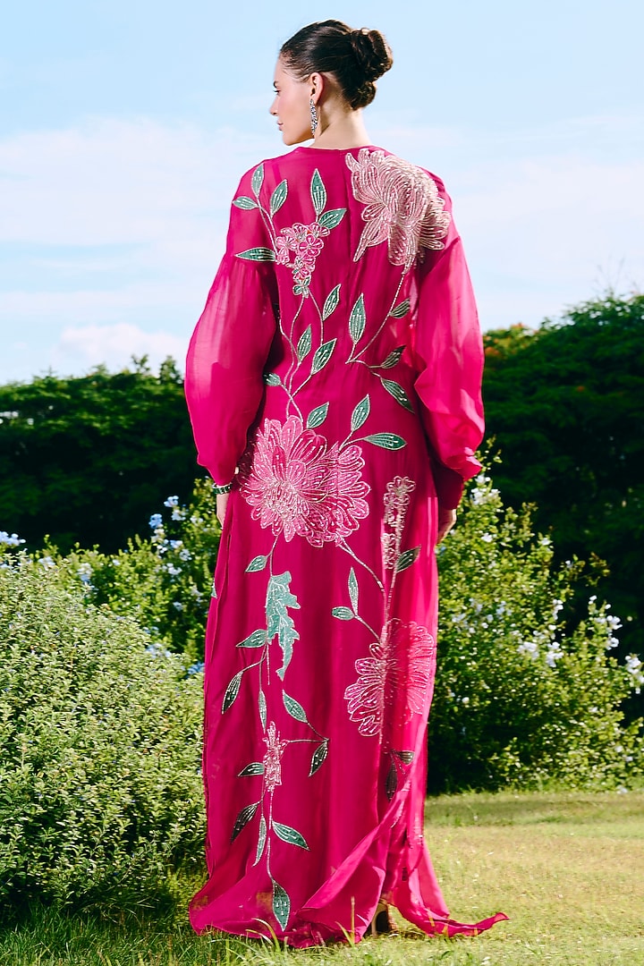 Fuchsia Organza Floral Printed & Embroidered Jacket Set by Charu & Vasundhara at Pernia's Pop Up Shop