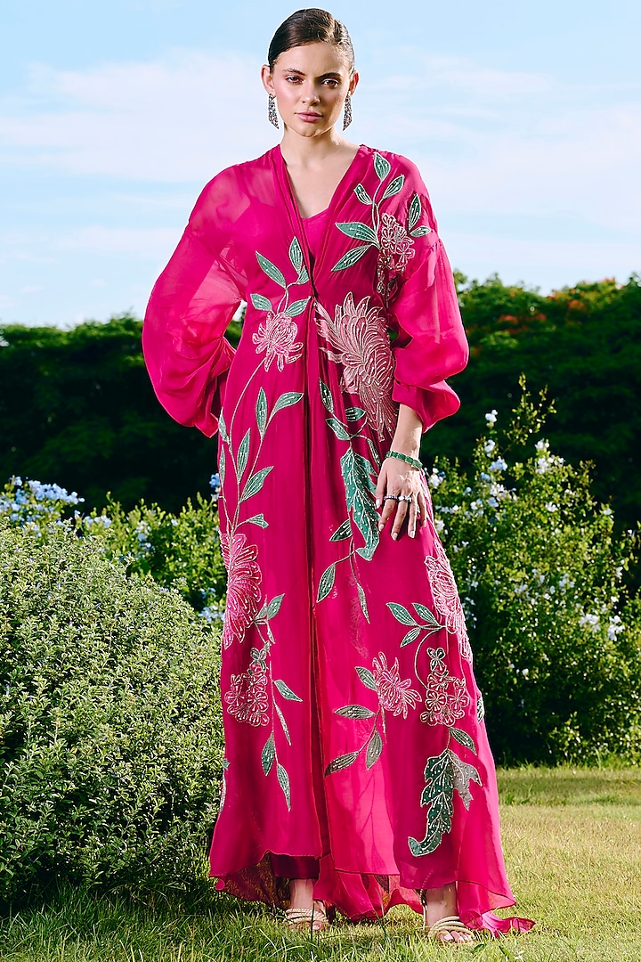 Fuchsia Organza Floral Printed & Embroidered Jacket Set by Charu & Vasundhara at Pernia's Pop Up Shop