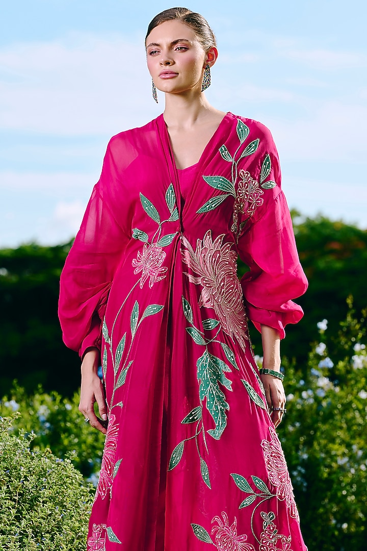 Fuchsia Organza Floral Printed & Embroidered Jacket Set by Charu & Vasundhara at Pernia's Pop Up Shop