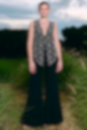 Black Silk Cutwork Embroidered Jacket Set by Charu & Vasundhara at Pernia's Pop Up Shop