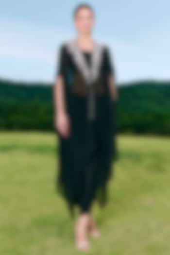 Black Silk & Organza Embroidered Jacket Set by Charu & Vasundhara at Pernia's Pop Up Shop