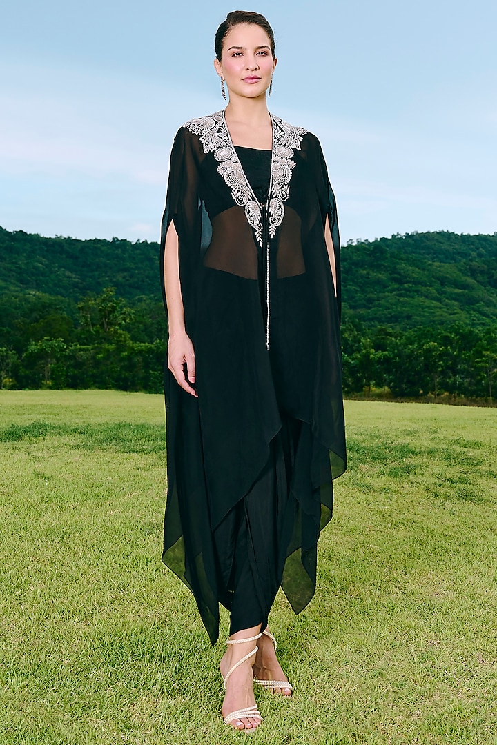 Black Silk & Organza Embroidered Jacket Set by Charu & Vasundhara at Pernia's Pop Up Shop