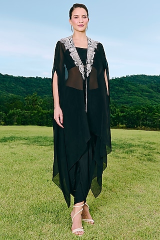 Black Silk & Organza Embroidered Jacket Set by Charu & Vasundhara
