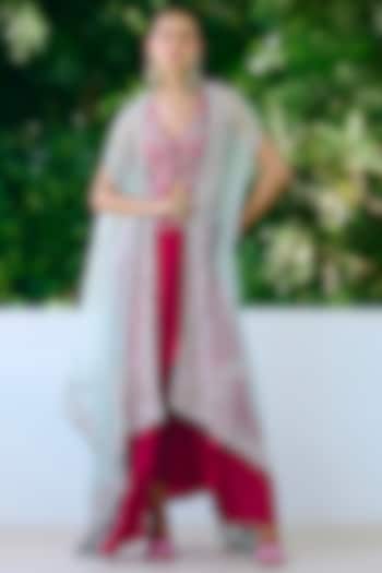 Aqua Blue Tissue Embroidered Cape Set by Charu & Vasundhara at Pernia's Pop Up Shop