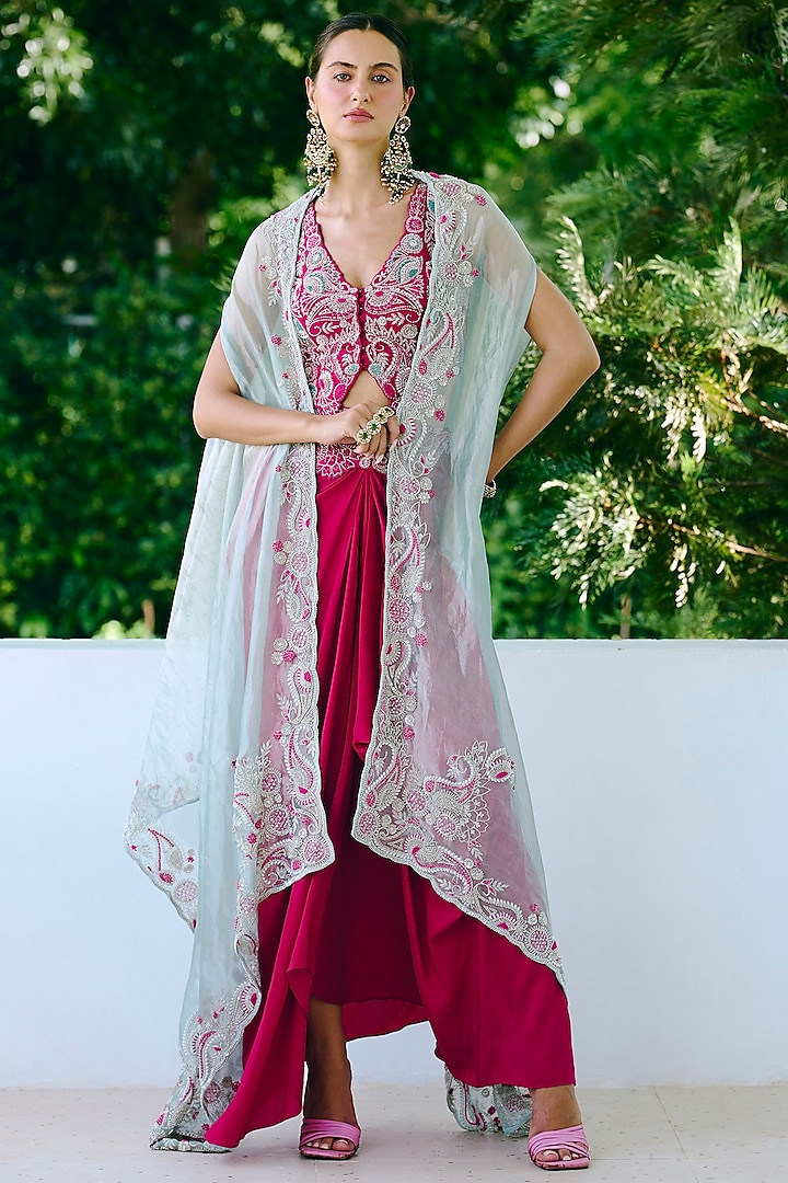 Aqua Blue Tissue Embroidered Cape Set by Charu & Vasundhara at Pernia's Pop Up Shop