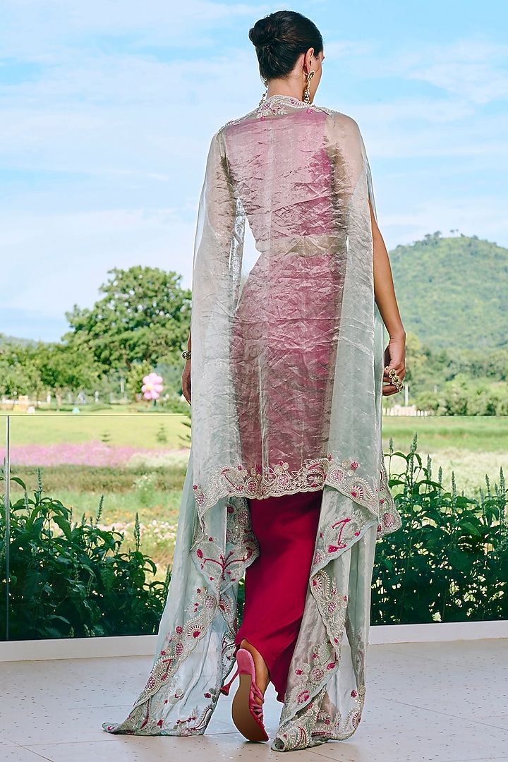 Aqua Blue Tissue Embroidered Cape Set by Charu & Vasundhara at Pernia's Pop Up Shop