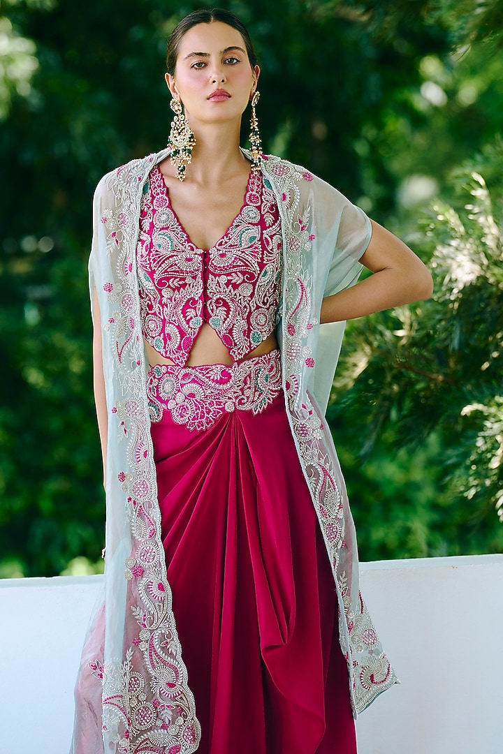 Aqua Blue Tissue Embroidered Cape Set by Charu & Vasundhara at Pernia's Pop Up Shop
