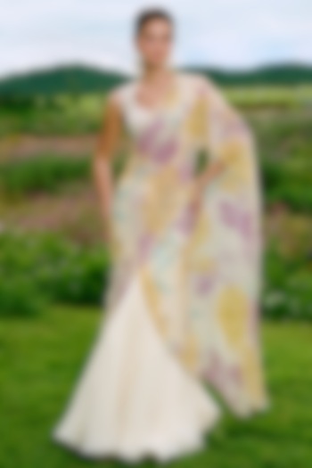 Ivory Organza Floral Printed & Embroidered Wedding Lehenga Saree Set by Charu & Vasundhara at Pernia's Pop Up Shop