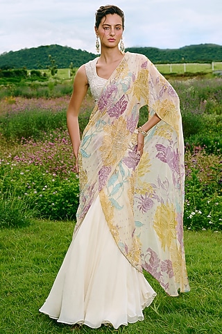 Ivory Organza Floral Printed & Embroidered Lehenga Saree Set by Charu & Vasundhara