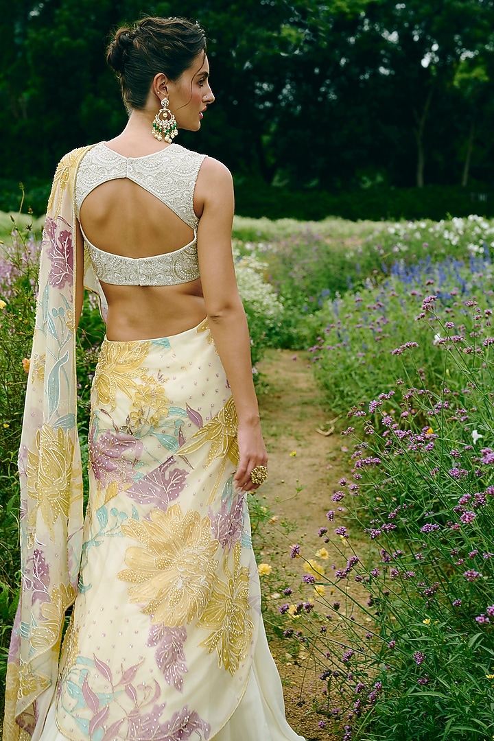 Ivory Organza Floral Printed & Embroidered Wedding Lehenga Saree Set by Charu & Vasundhara at Pernia's Pop Up Shop