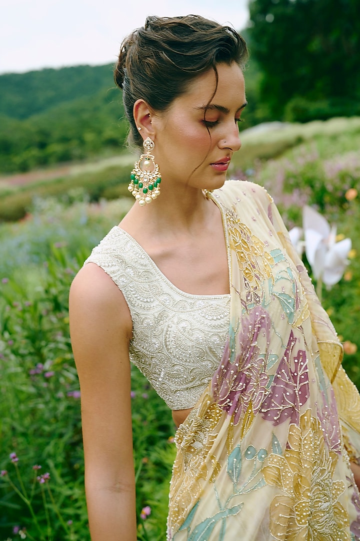 Ivory Organza Floral Printed & Embroidered Wedding Lehenga Saree Set by Charu & Vasundhara at Pernia's Pop Up Shop