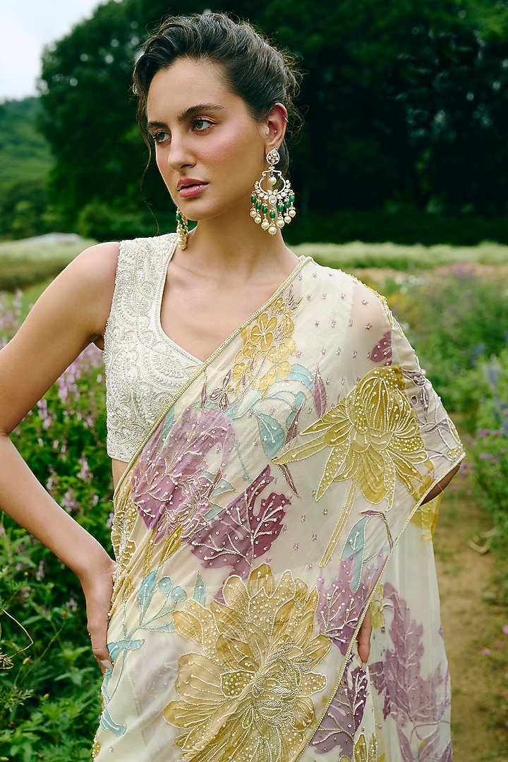 Ivory Organza Floral Printed & Embroidered Wedding Lehenga Saree Set by Charu & Vasundhara at Pernia's Pop Up Shop