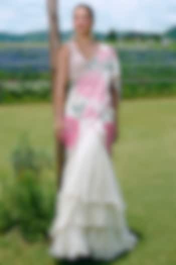 Ivory Organza Applique & Embroidered Draped Wedding Saree Set by Charu & Vasundhara at Pernia's Pop Up Shop