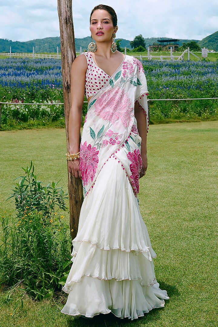 Ivory Organza Applique & Embroidered Draped Wedding Saree Set by Charu & Vasundhara at Pernia's Pop Up Shop