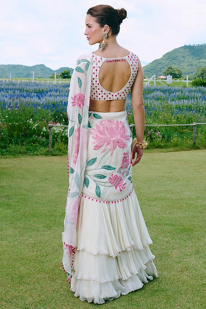Ivory Organza Applique & Embroidered Draped Wedding Saree Set by Charu & Vasundhara at Pernia's Pop Up Shop