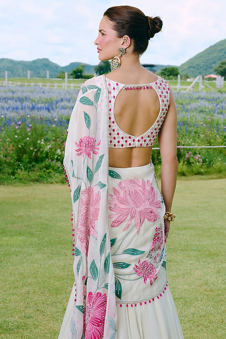 Ivory Organza Applique & Embroidered Draped Wedding Saree Set by Charu & Vasundhara at Pernia's Pop Up Shop