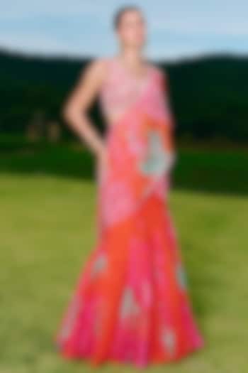 Orange Organza & Silk Embroidered Draped Wedding Saree Set by Charu & Vasundhara at Pernia's Pop Up Shop