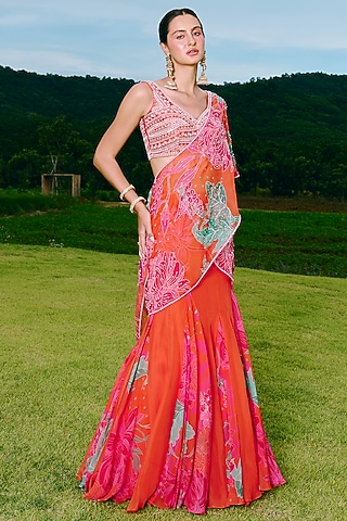 Orange Organza & Silk Embroidered Draped Saree Set by Charu & Vasundhara