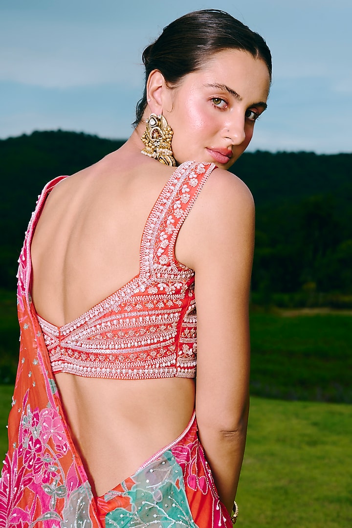 Orange Organza & Silk Embroidered Draped Wedding Saree Set by Charu & Vasundhara at Pernia's Pop Up Shop