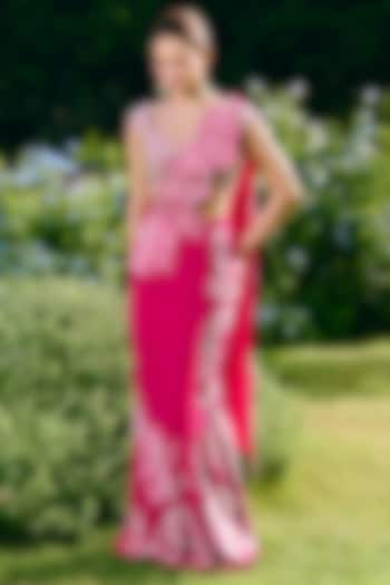 Fuchsia Organza & Silk Embroidered Draped Wedding Saree Set by Charu & Vasundhara at Pernia's Pop Up Shop