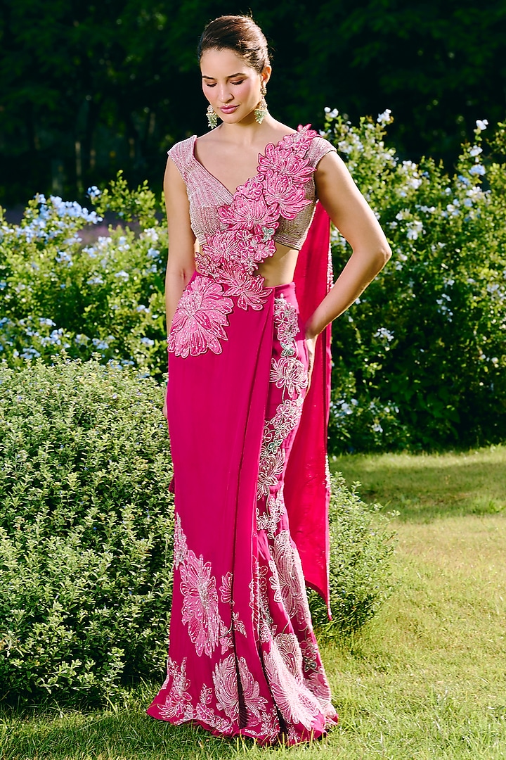 Fuchsia Organza & Silk Embroidered Draped Wedding Saree Set by Charu & Vasundhara at Pernia's Pop Up Shop