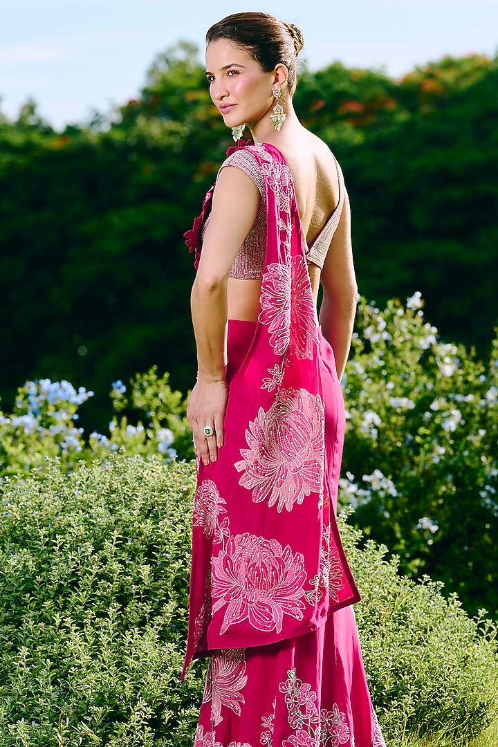 Fuchsia Organza & Silk Embroidered Draped Wedding Saree Set by Charu & Vasundhara at Pernia's Pop Up Shop