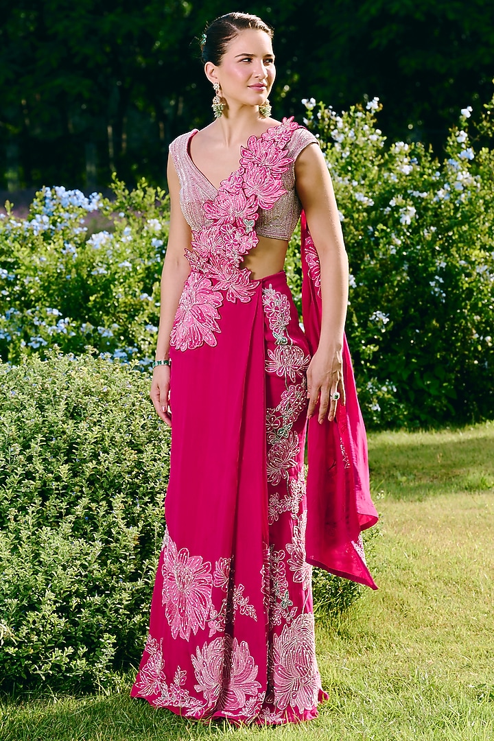 Fuchsia Organza & Silk Embroidered Draped Wedding Saree Set by Charu & Vasundhara at Pernia's Pop Up Shop